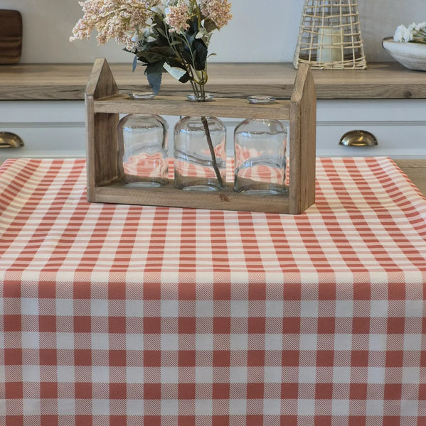 Vichy coral and white checkered tablecloth