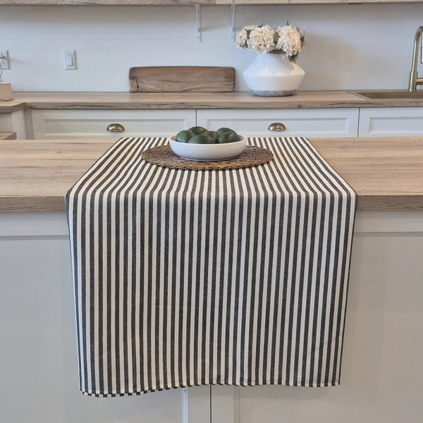 Seacoast grey striped tablecloth